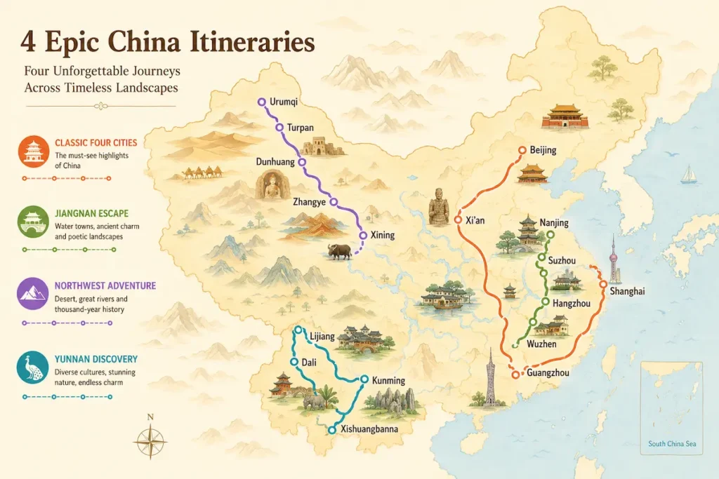 10 day China itinerary overview map showing four route options across China