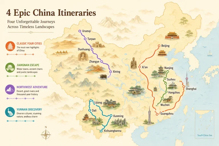 10 day China itinerary overview map showing four route options across China