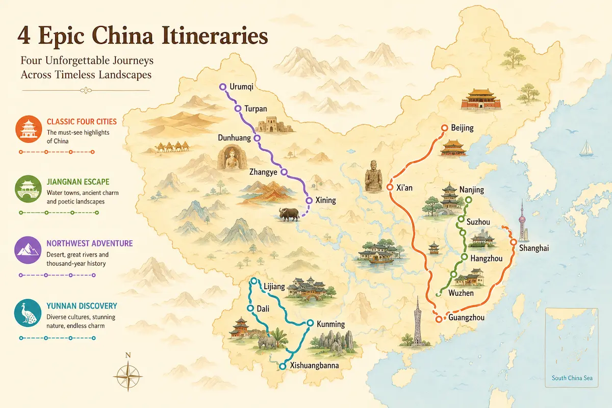 10 day China itinerary overview map showing four route options across China