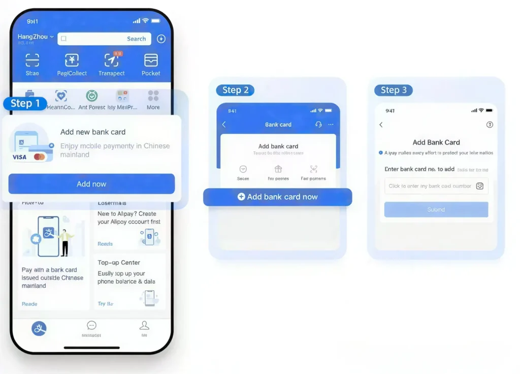 Alipay foreign credit card binding screen with passport