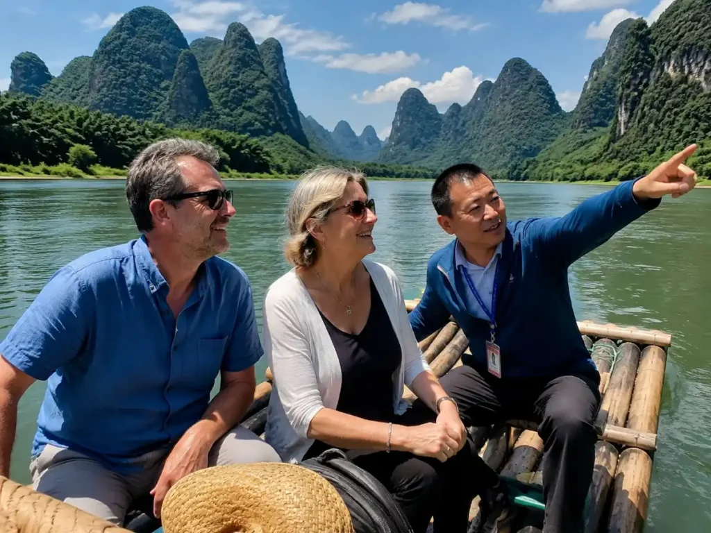 Happy travelers with local guide on Li River bamboo raft