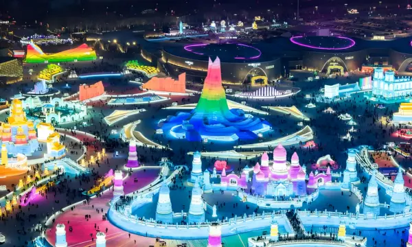 Harbin Ice Festival with colorful ice sculptures