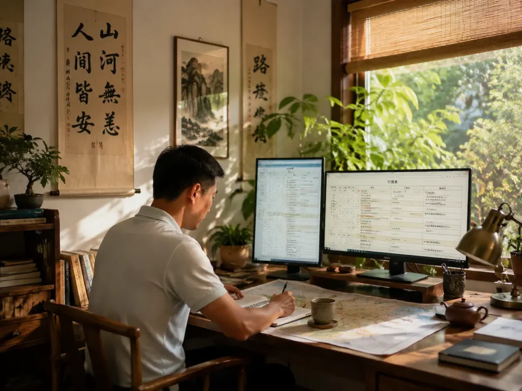 Ke Ping planning custom China trip frameworks in his studio