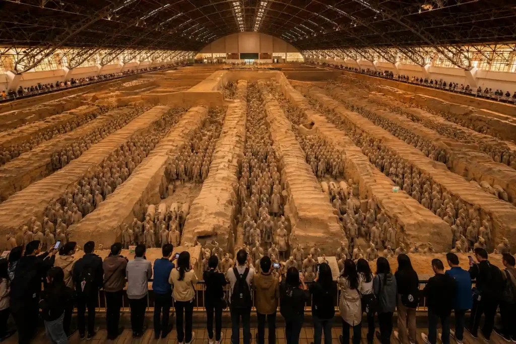 Terracotta Warriors in Xi'an row formation with tourists viewing from platform