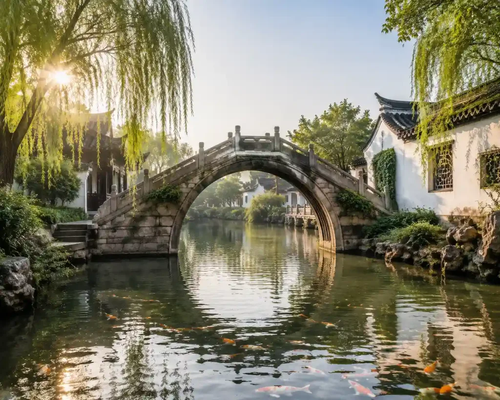 Traditional Chinese garden with curved stone bridge over koi pond in Suzhou
