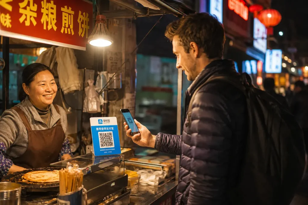 foreign tourist scanning Alipay QR code at street market