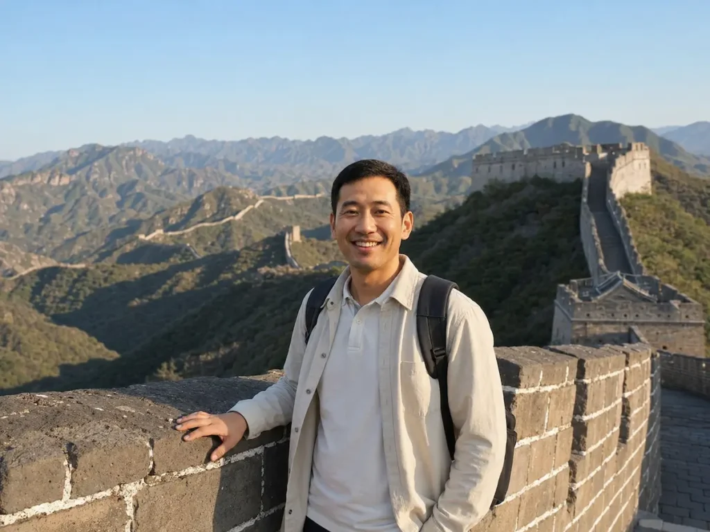 Ke Ping, founder of Insider China Travel, standing at the Great Wall of China