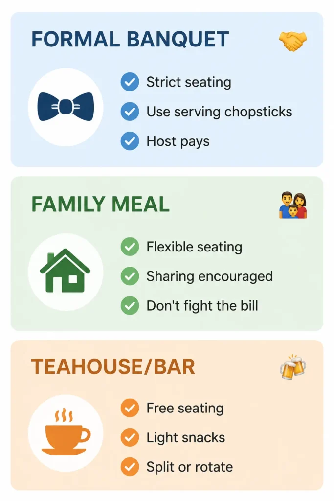 China dining etiquette comparison formal banquet family meal teahouse casual dining guide