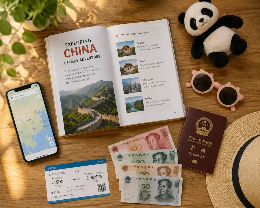 China family vacation travel planning essentials on wooden table