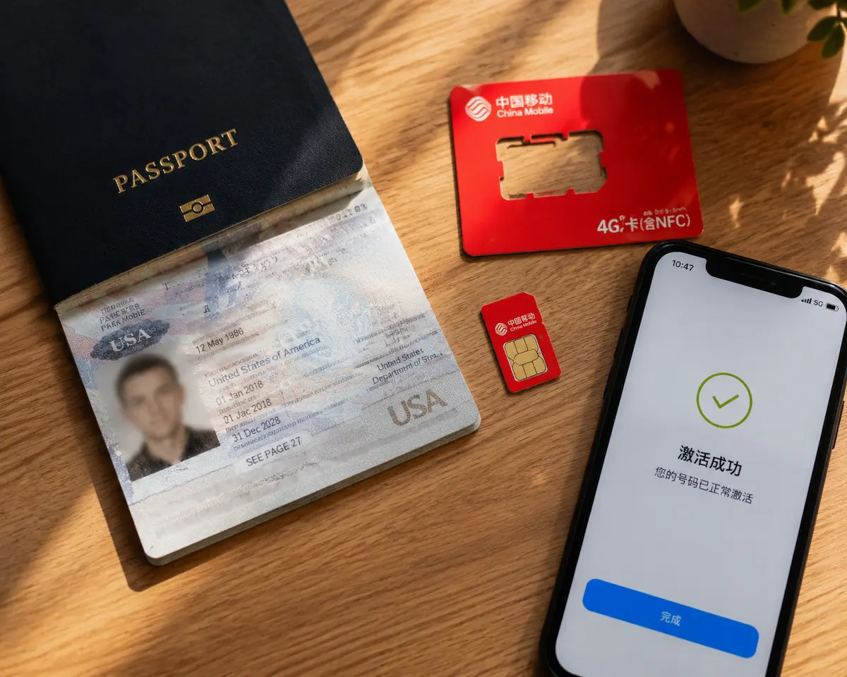 China prepaid SIM card with passport and smartphone — tourist setup guide