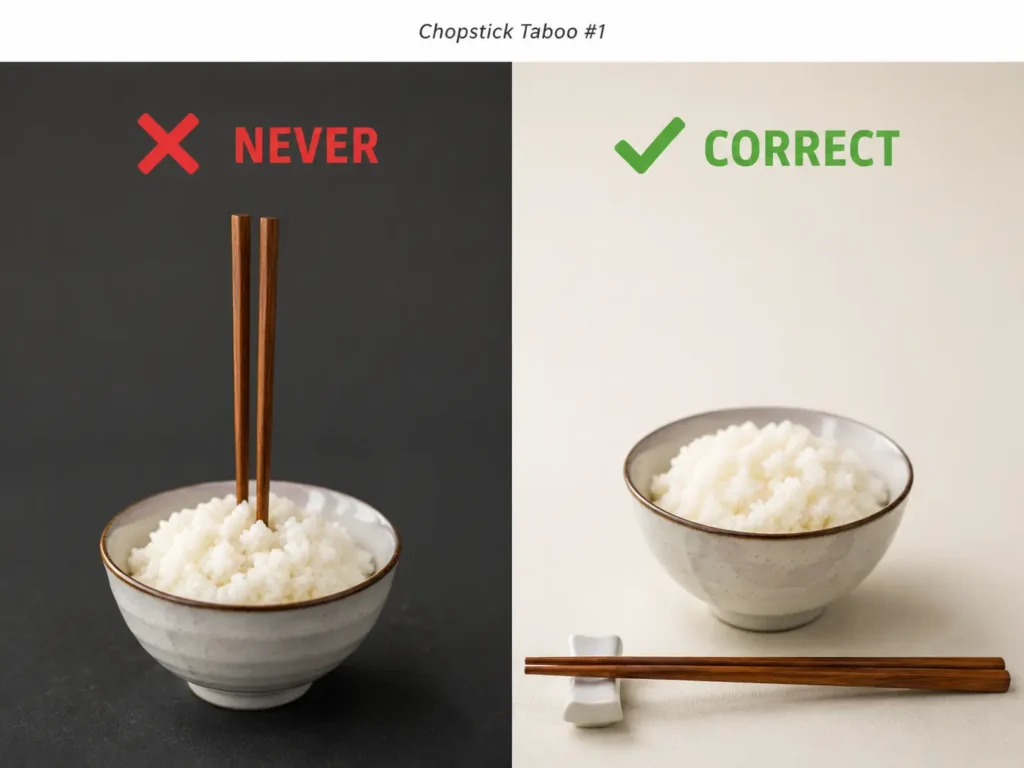 Chinese dining etiquette chopstick rules upright taboo vs correct placement comparison