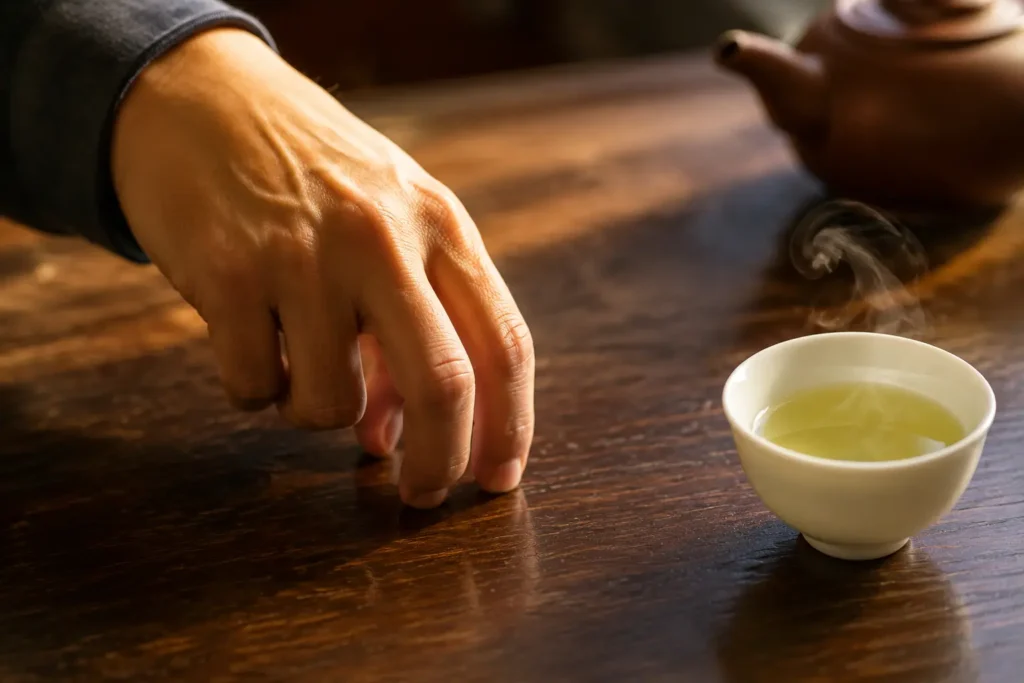 Chinese dining etiquette tea finger tap thank you gesture closeup on table