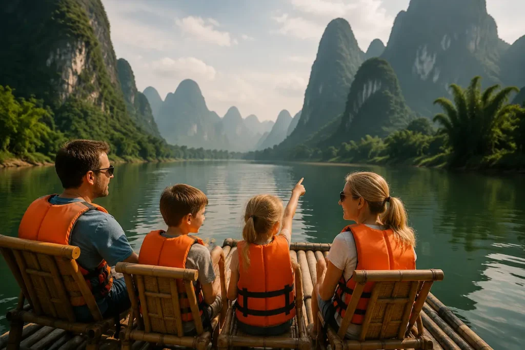 Family bamboo rafting in Yangshuo during a china family vacation