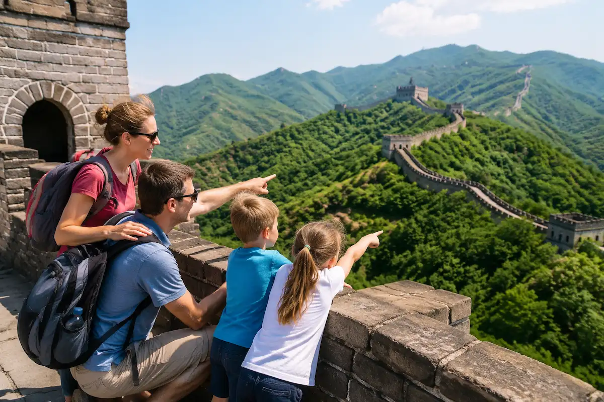 Family enjoying a china family vacation at Mutianyu Great Wall