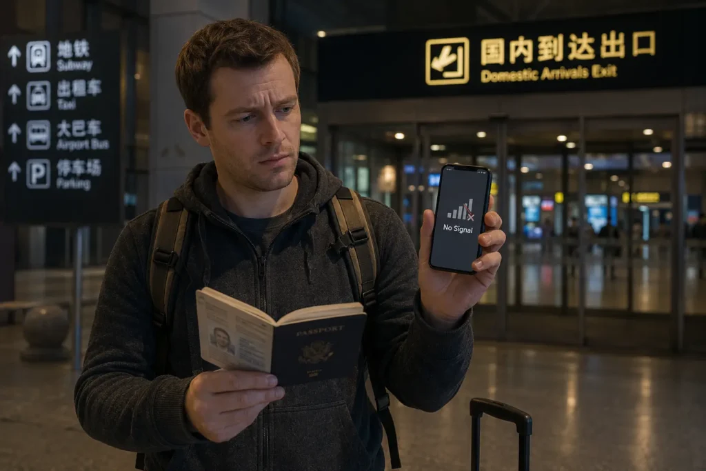 Foreign tourist holding passport and phone needing a China SIM card at airport