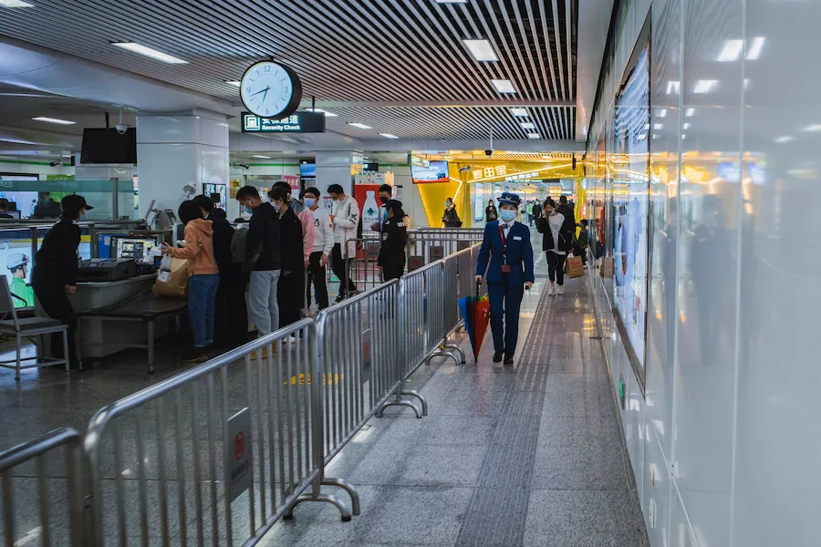 Shanghai Metro security check with X-ray baggage scanner