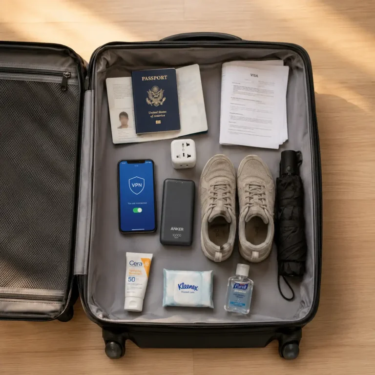 china packing list essentials — passport universal adapter walking shoes flat lay
