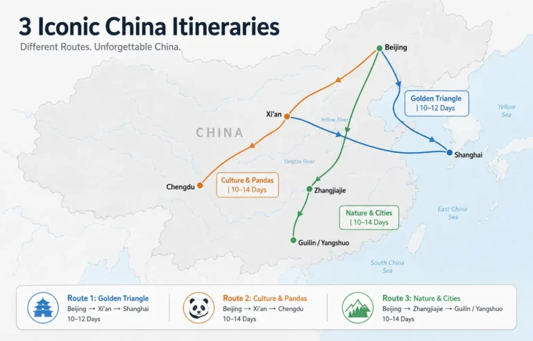china trip itinerary routes comparison map Golden Triangle panda nature