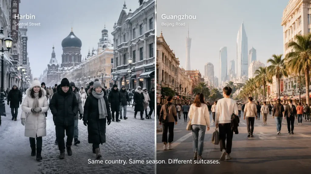 packing for China comparison — Harbin winter down coat vs Guangzhou winter light jacket