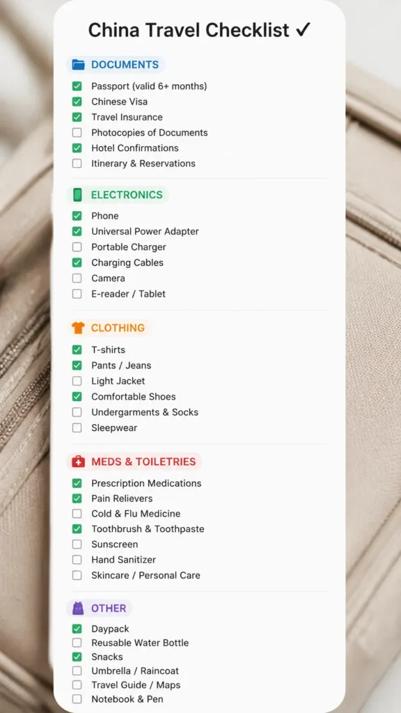 printable china travel checklist with checkbox categories and color coding