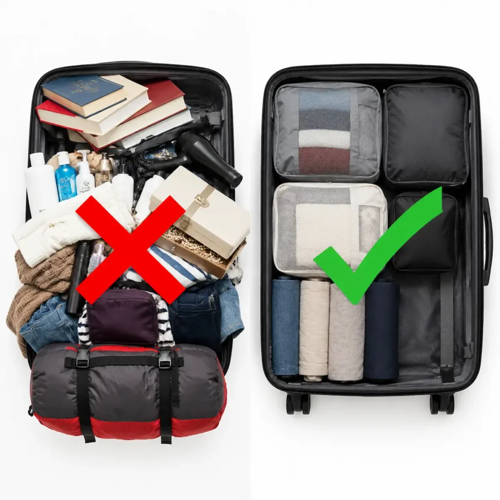 what NOT to pack for China — overpacked suitcase vs minimalist packing comparison