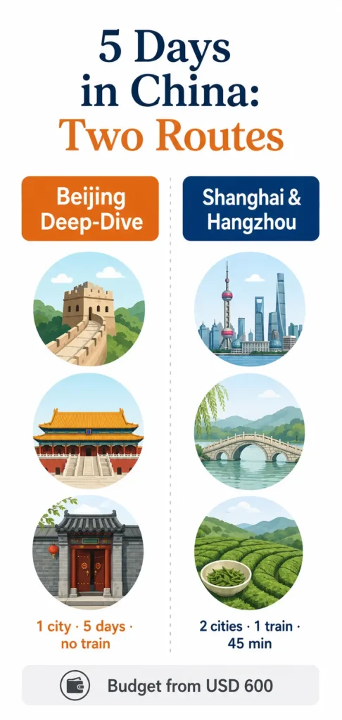 5 days in China itinerary comparison chart, Beijing vs Shanghai Hangzhou