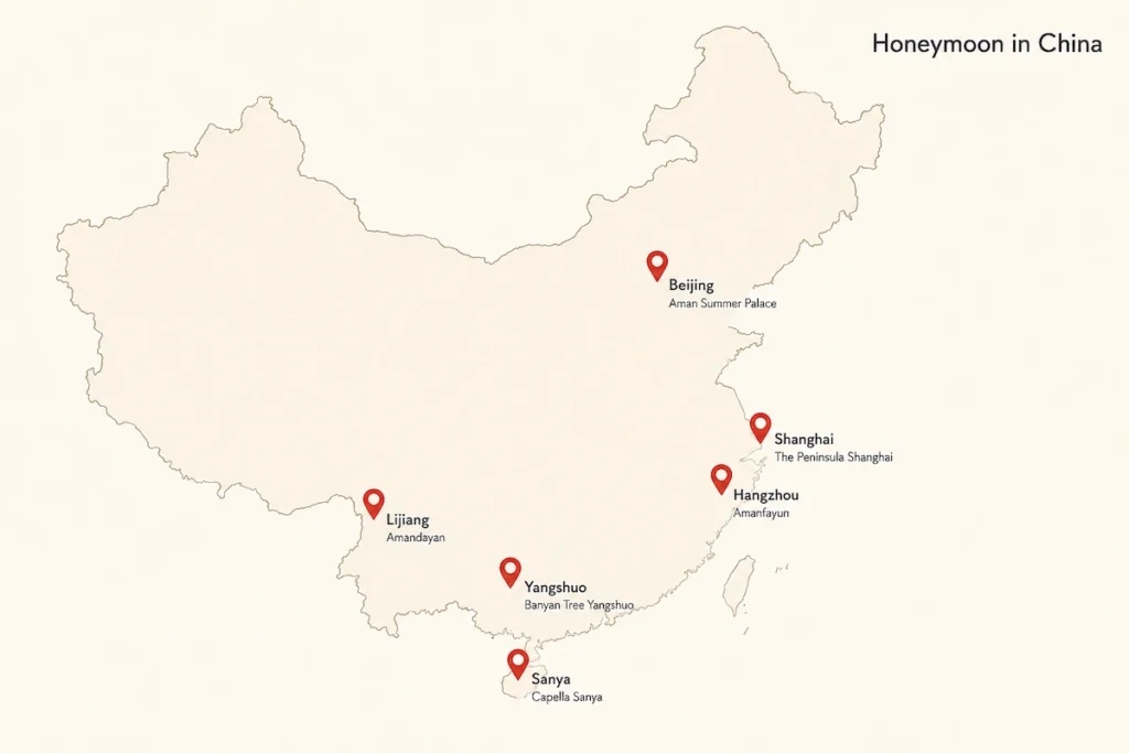 China honeymoon destinations map with luxury hotels marked