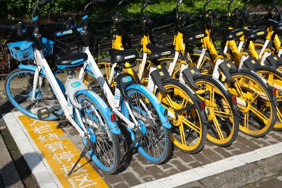 China shared bikes parked inside a designated white-lined P-zone parking area