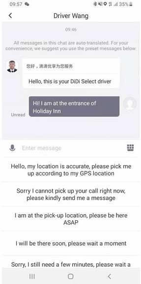 DiDi WeChat mini program chat showing auto-translated driver messages in English