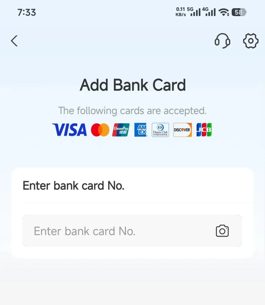 Alipay app interface for linking an international card