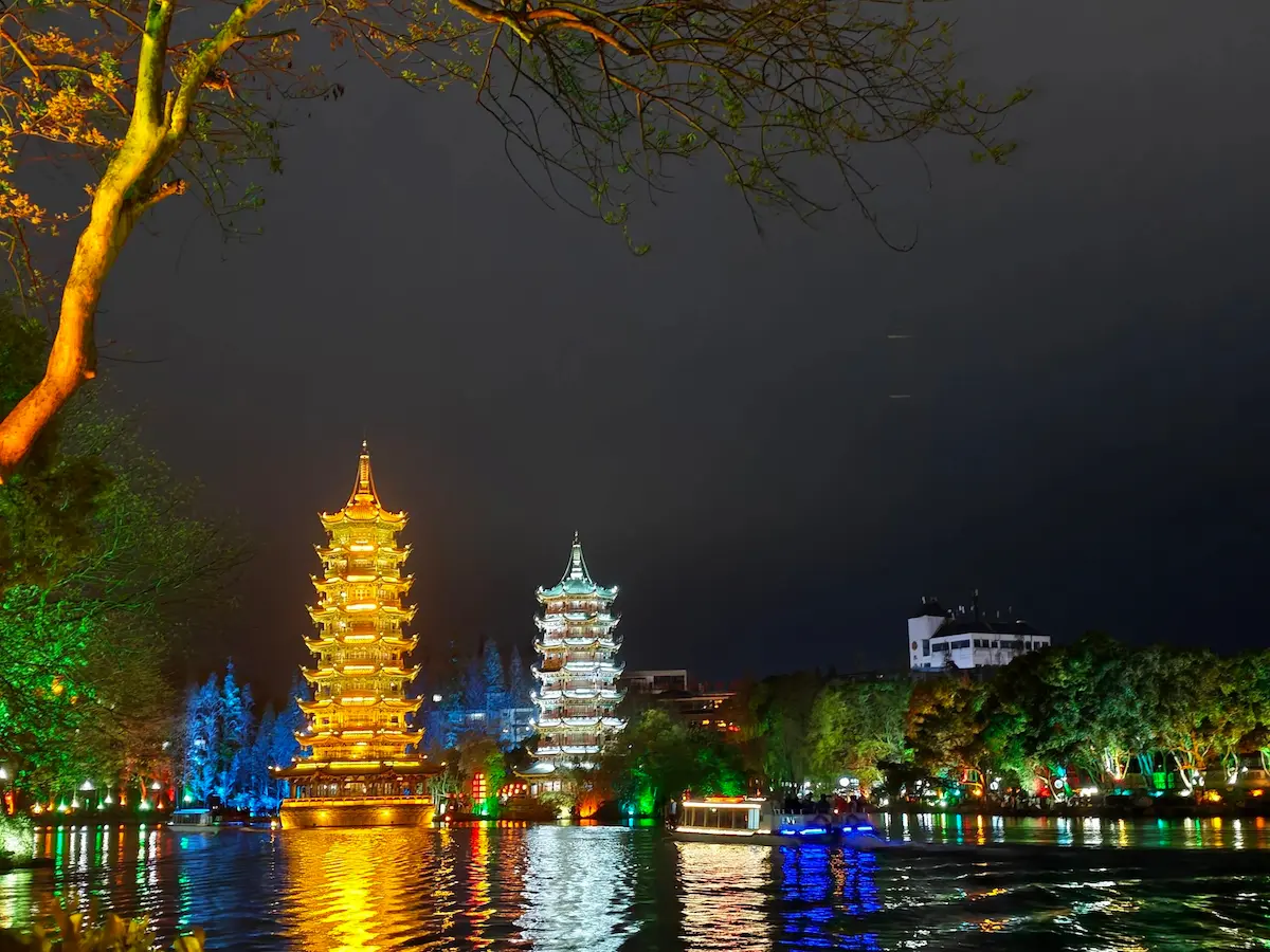 Sun and Moon Pagodas night view near Guilin city center hotels