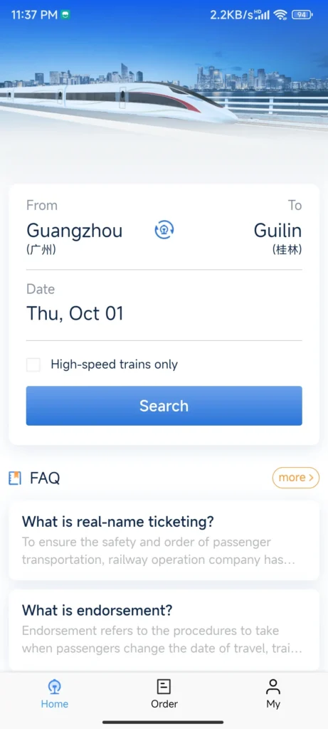 12306 English app booking train tickets to Guilin