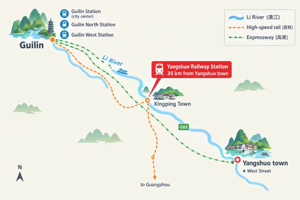Map of Guilin to Yangshuo route showing train and highway