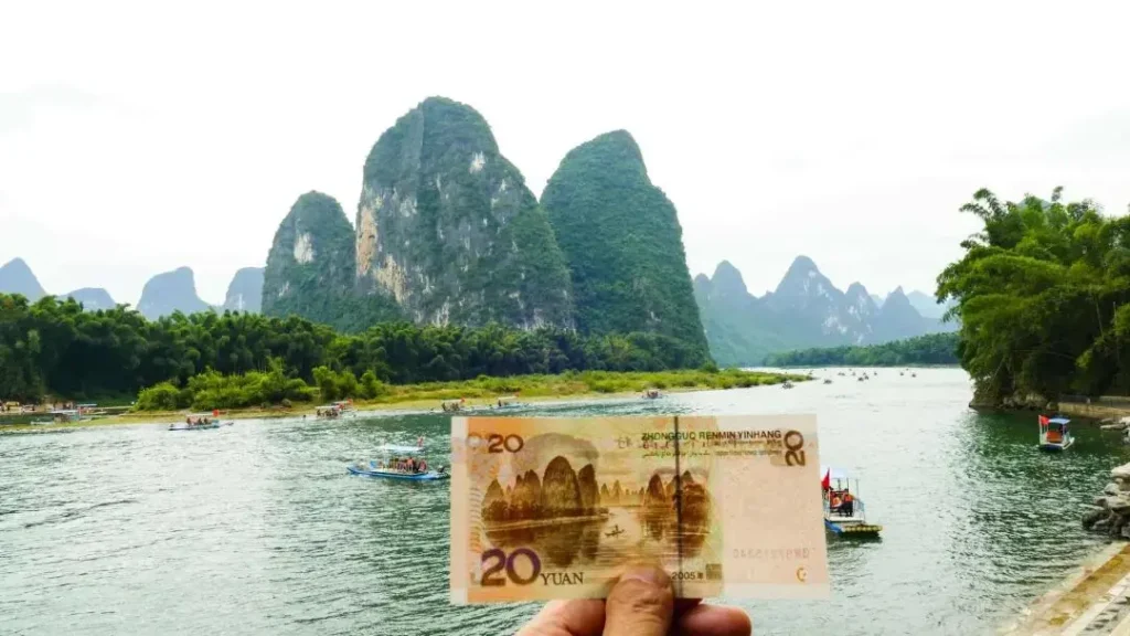 The 20 RMB note scenery of seven peaks reflected at Xingping in Yangshuo
